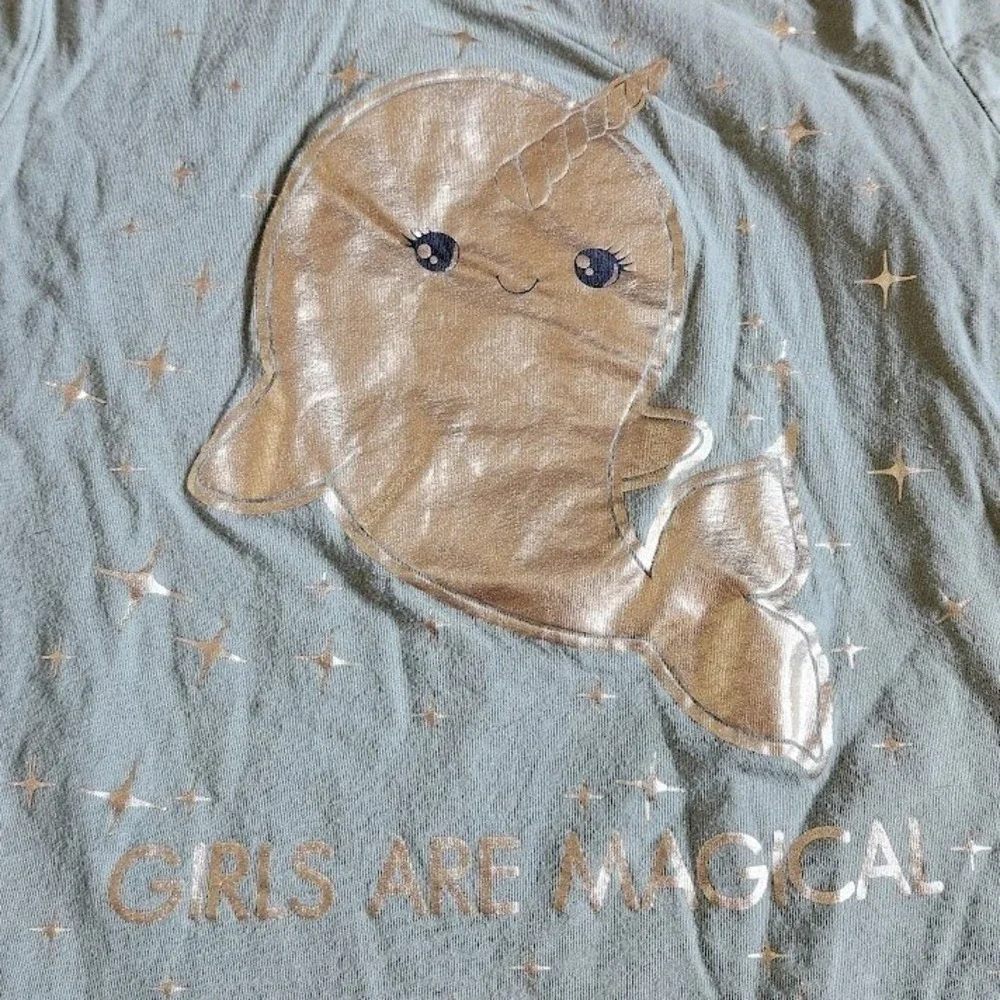 Childrens Place Girl Sage Green Metallic Narwhal Magical Graphic Tee L 10/12 632